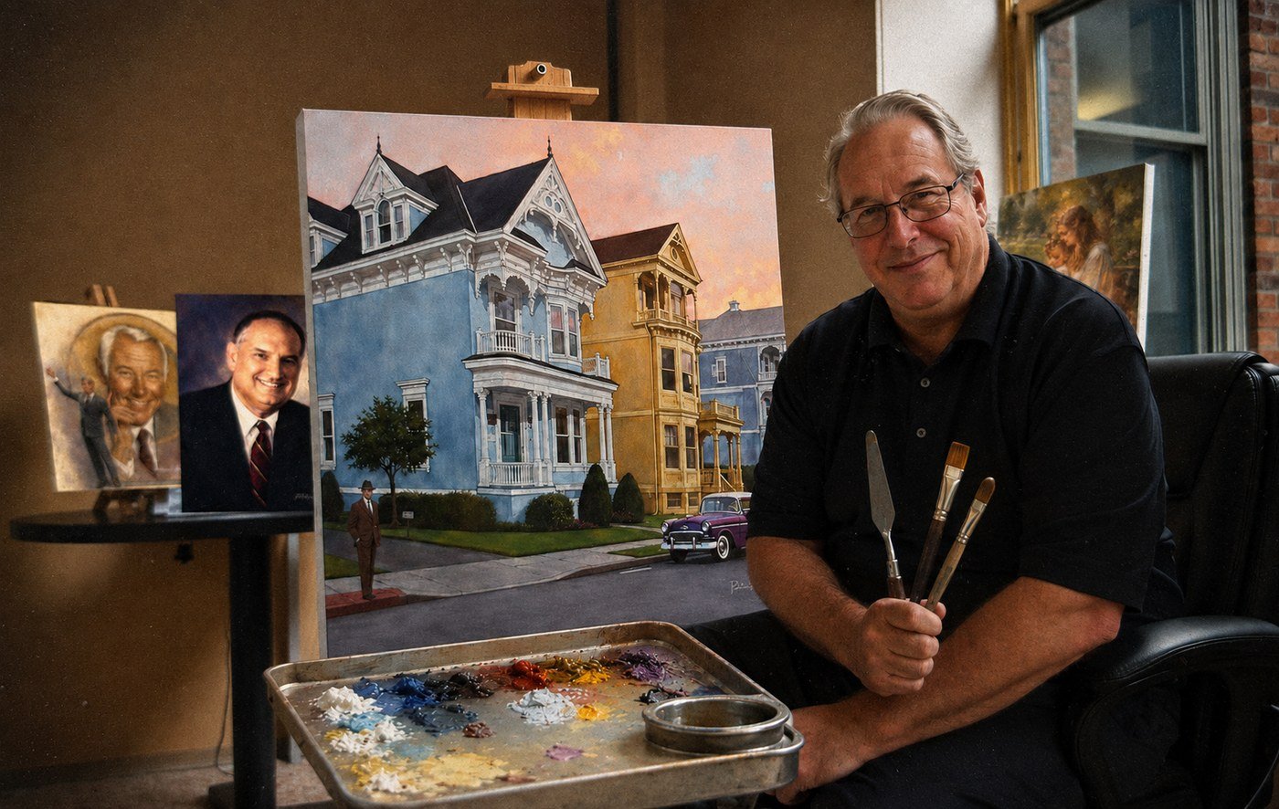 William Dean Hinsch in his studio, surrounded by works in progress and past commissions