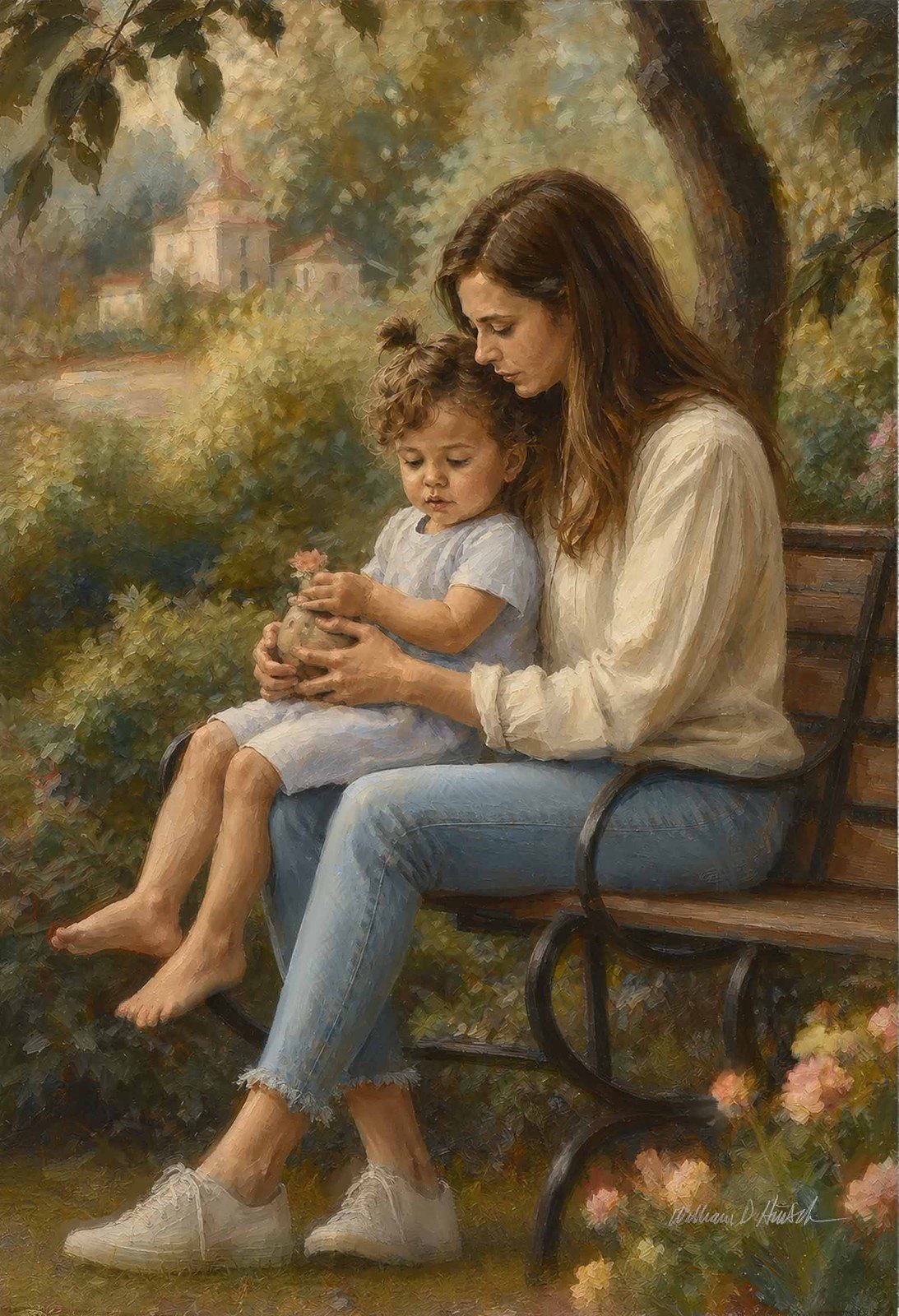 Mom and Bella, mother and daughter in a garden, portrait by William Dean Hinsch