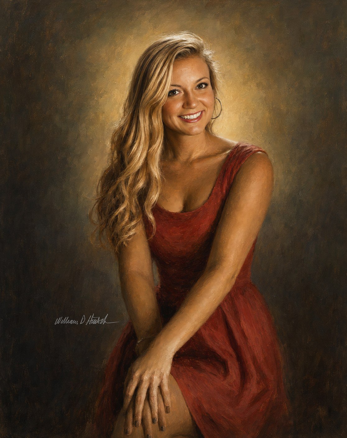 Maura Binkley, memorial portrait by William Dean Hinsch, painted in a red dress with a golden aura