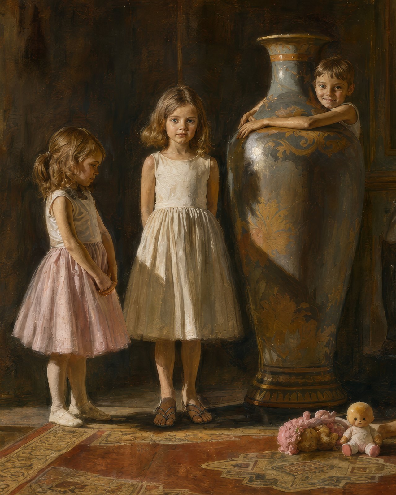 The Sisters, portrait of three children with an antique vase by William Dean Hinsch