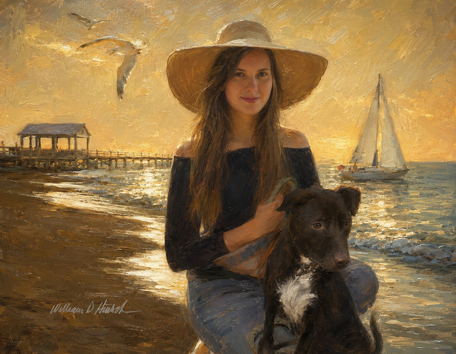 Portrait of a young woman with her dog on a North Carolina beach at sunset, painted in oil by William Dean Hinsch