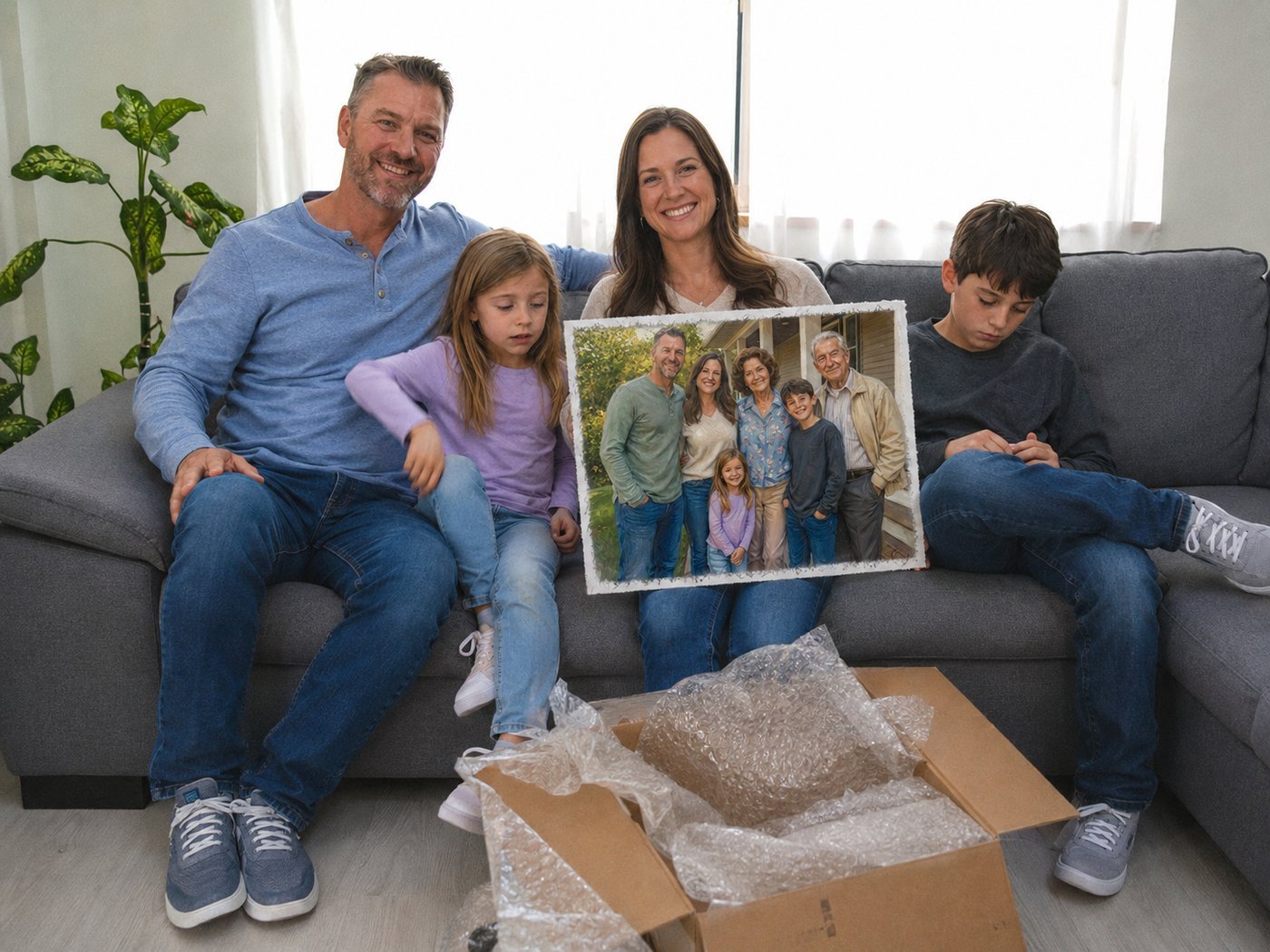 The family opening and seeing their finished memorial painting for the first time
