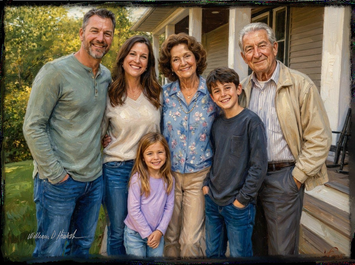 The final painting, all six family members together on the porch for the first time