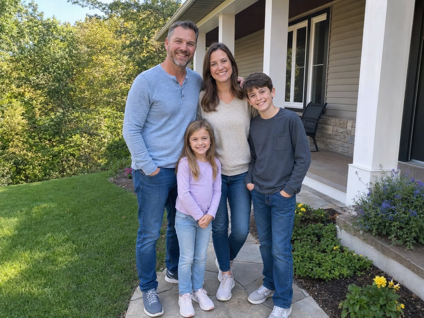 Recent photo of the living family of four on their front porch