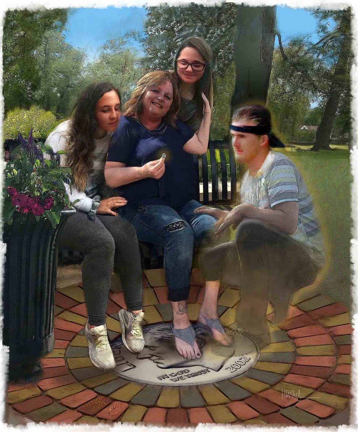 Wilma with her granddaughters and the translucent presence of her late son, a glowing dime beneath her feet symbolizing signs the family believed came from him