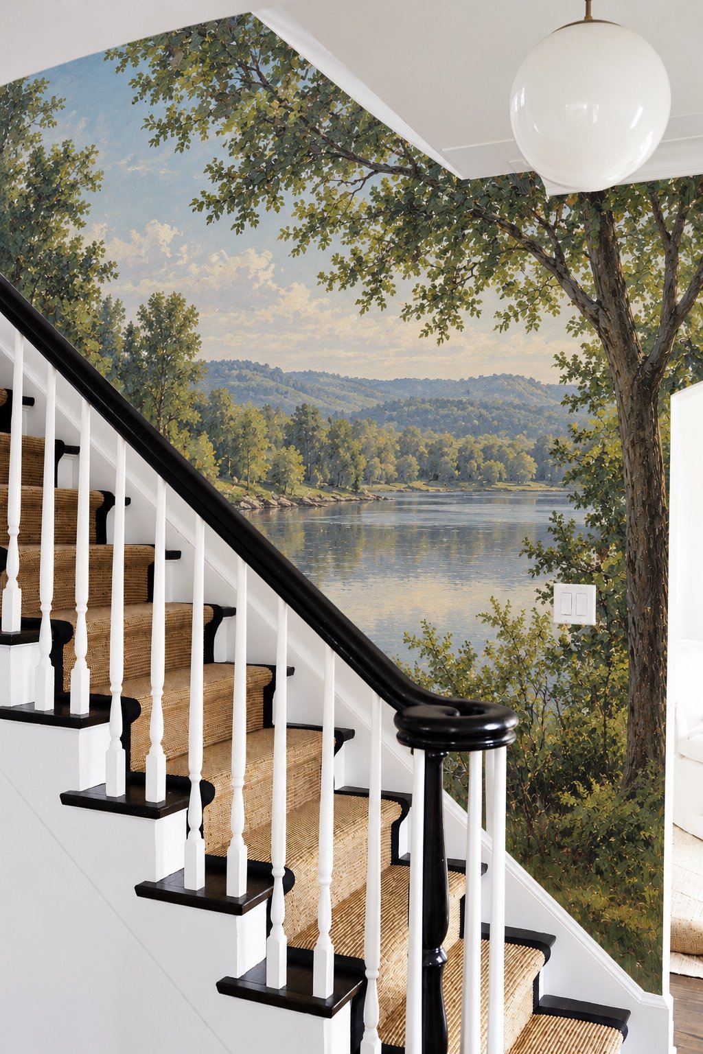 A staircase wall painted with a quiet river, wooded hills, and a tree canopy that follows the architecture.