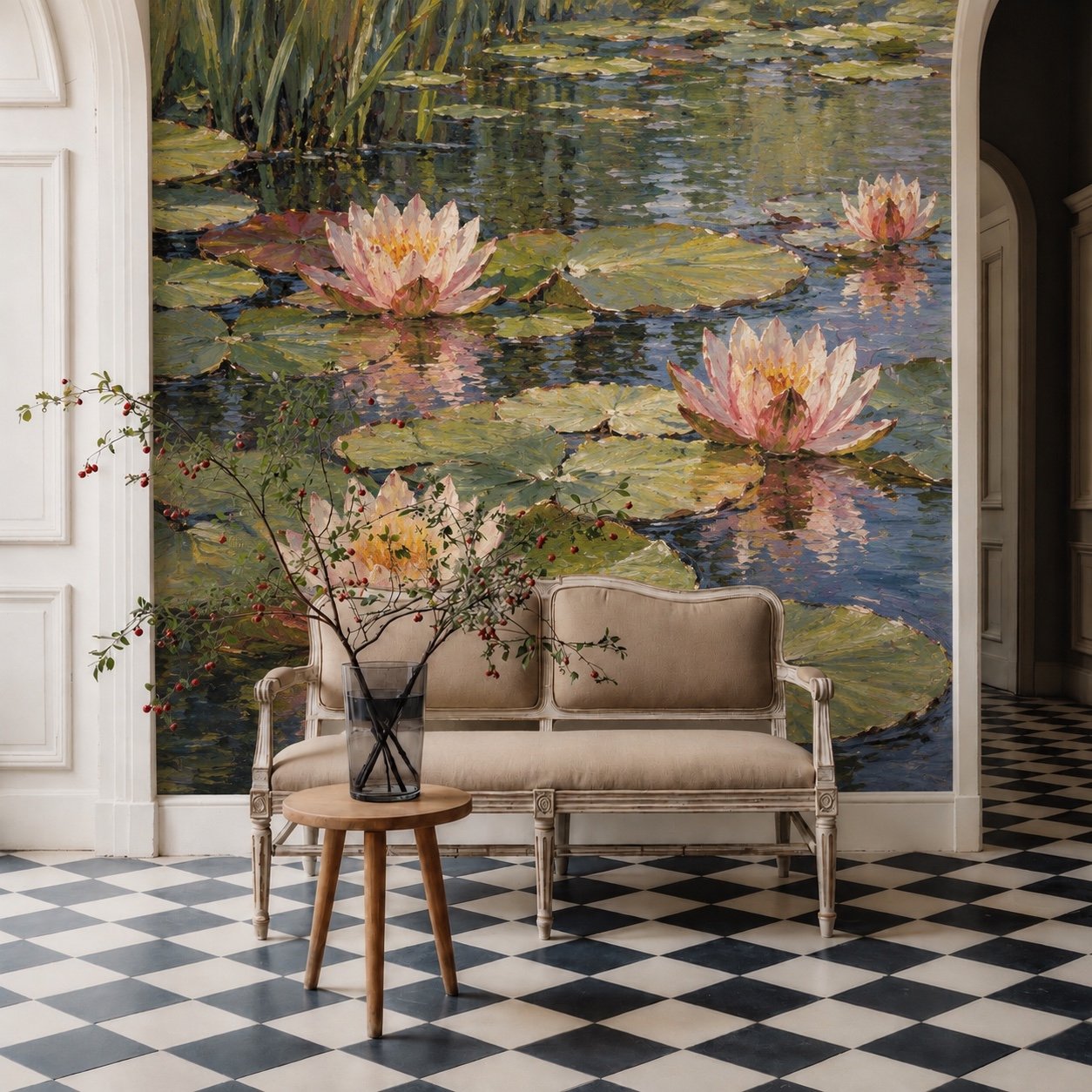A large water-lily mural behind a cream settee, with pink flowers reflected in a richly painted pond.