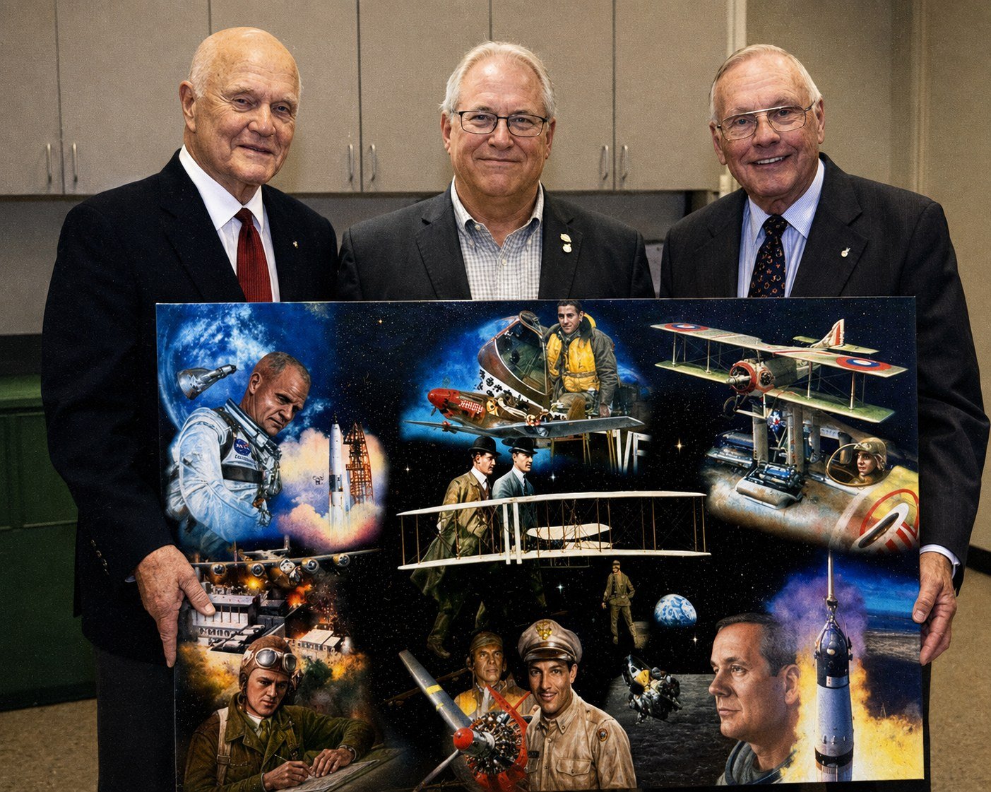John Glenn, William Dean Hinsch, and Neil Armstrong holding the finished Ohio Aviators: 100th Year of Flight painting