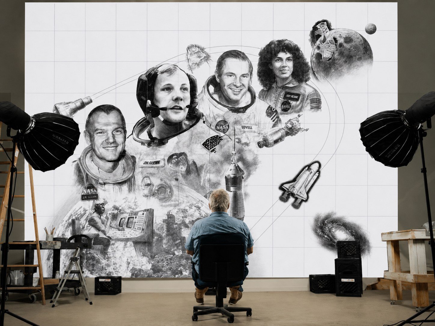 William seated before the full-scale charcoal underdrawing of Ohioans in Space, gridded and transferred before painting began